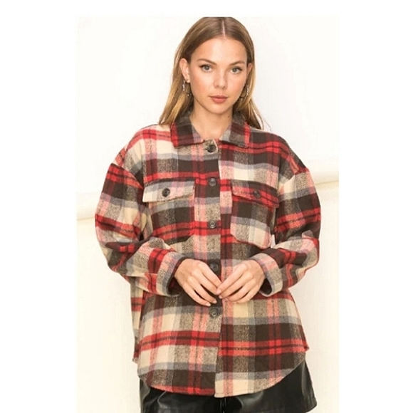Hyfve Plaid Shacket Size Medium Red Black Cream - Picture 7 of 14